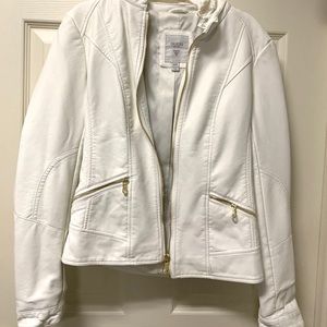 Guess white leather jacket with knitted hood
